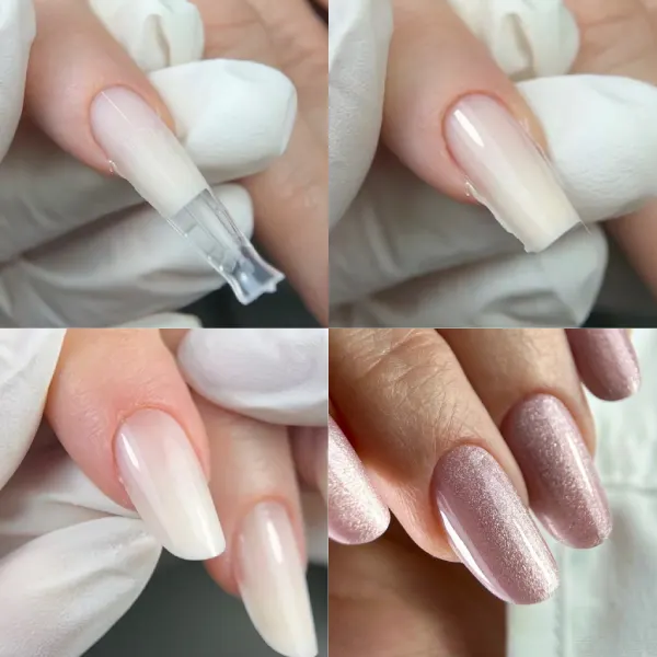 Refill con Dual Form in quattro passaggi: inserimento del gel, struttura modellata e finitura glitter, corso Cold Nails