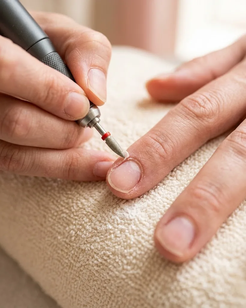 Dry manicure con fresa e punta diamantata che solleva la cuticola