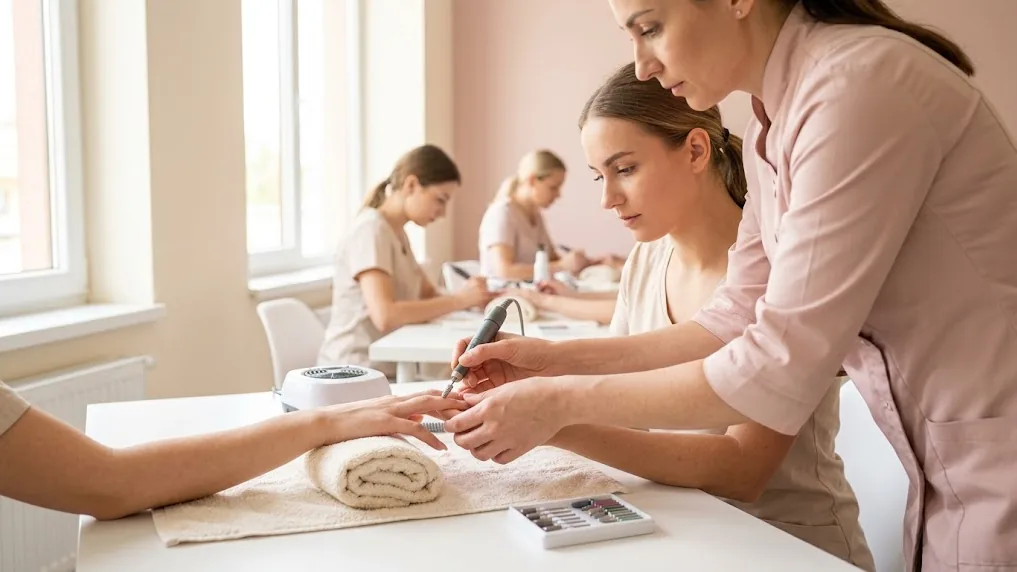 Istruttrice che segue una corsista durante una lezione pratica sulla fresa per unghie
